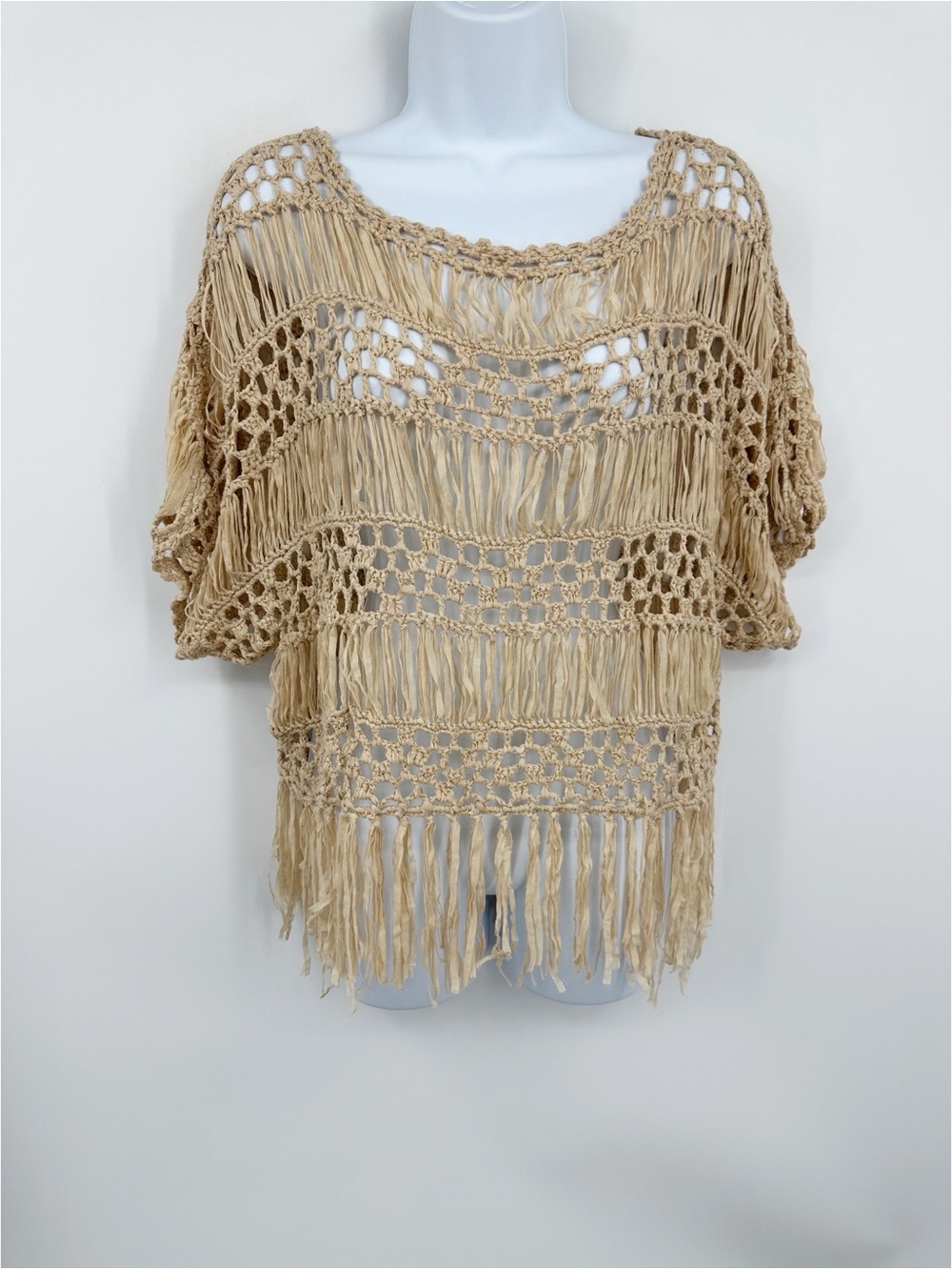 Dislay Paris Tan Open Knit Boho Short Sleeve Blouse Size Small Whimsical Fairy